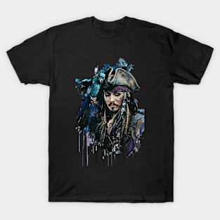 Pirate with Parrot in Old Classic Costume with Furious Face in Ink Painting Style T-Shirt